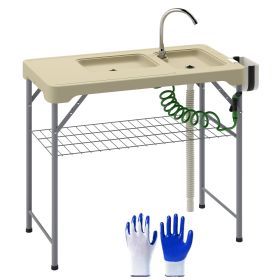 Outsunny Folding Fish Cleaning Table with Sinks, Portable Camping Sink Table with Faucet, Drainage Hose, Sprayer, Shelf, Drawer and Storage Baske (Color: Tan)